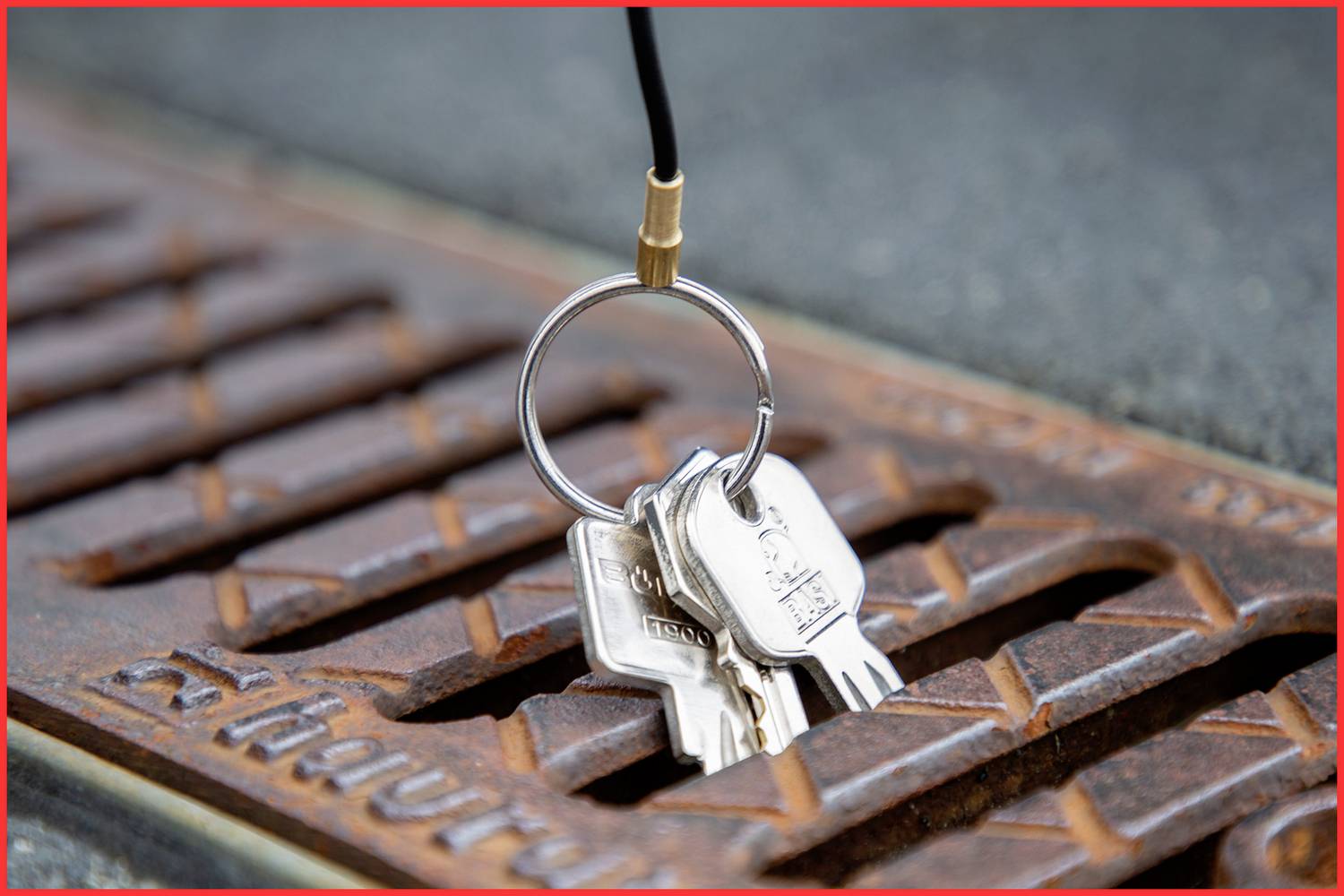 Schlüsselbund hängt am Kabel über einem Straßenabflussgitter.