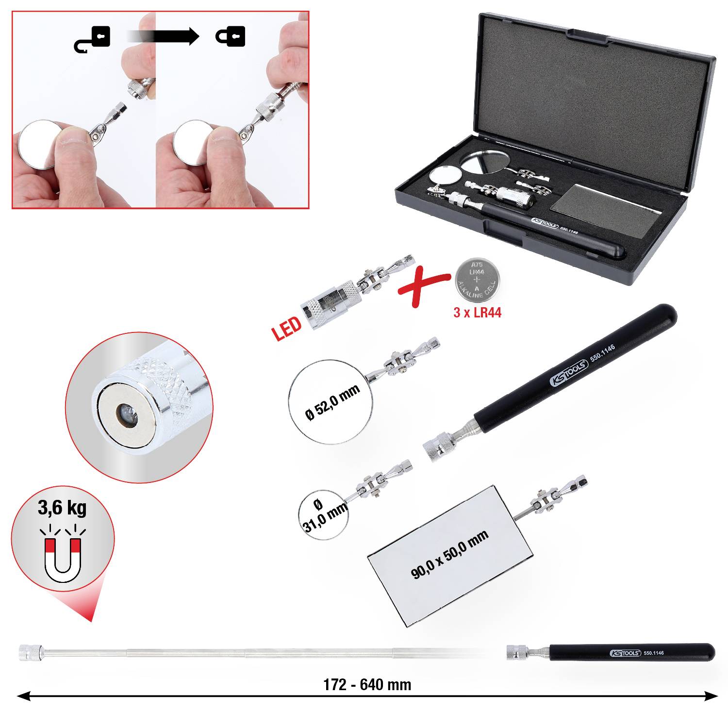 Ein Teleskop-Spiegelset mit LED-Licht, verschiedenen austauschbaren Köpfen und einem magnetischen Griff mit 3,6 kg Zugkraft.