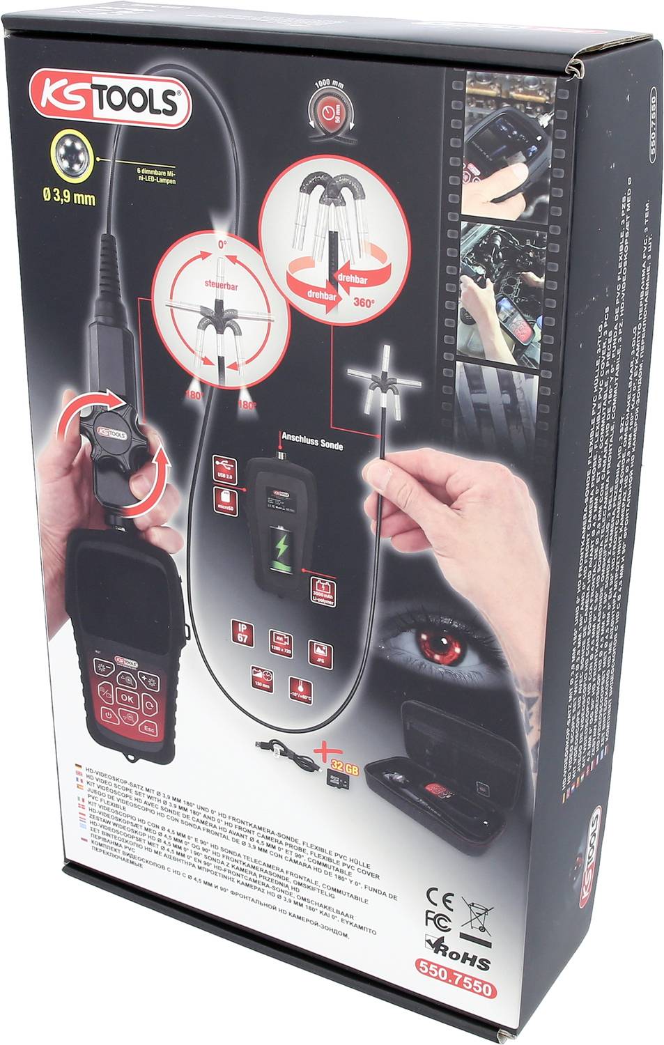 'Endoskop-Kamera-Set von KS Tools mit 8,9 mm Kamerakopf, USB-Kabel und Zubehör. Geeignet zur Inspektion von schwer zugänglichen Bereichen.'