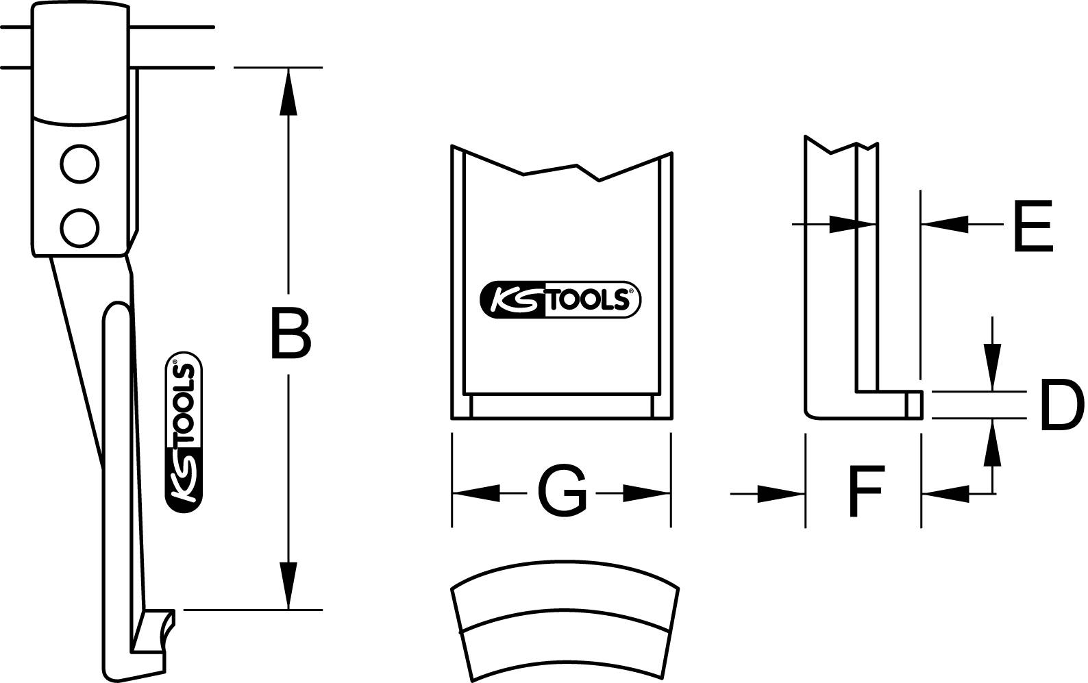 Abbildung zeigt technische Zeichnung eines Werkzeugs mit KS Tools-Logo. Maße sind B, D, E, F, und G gekennzeichnet.
