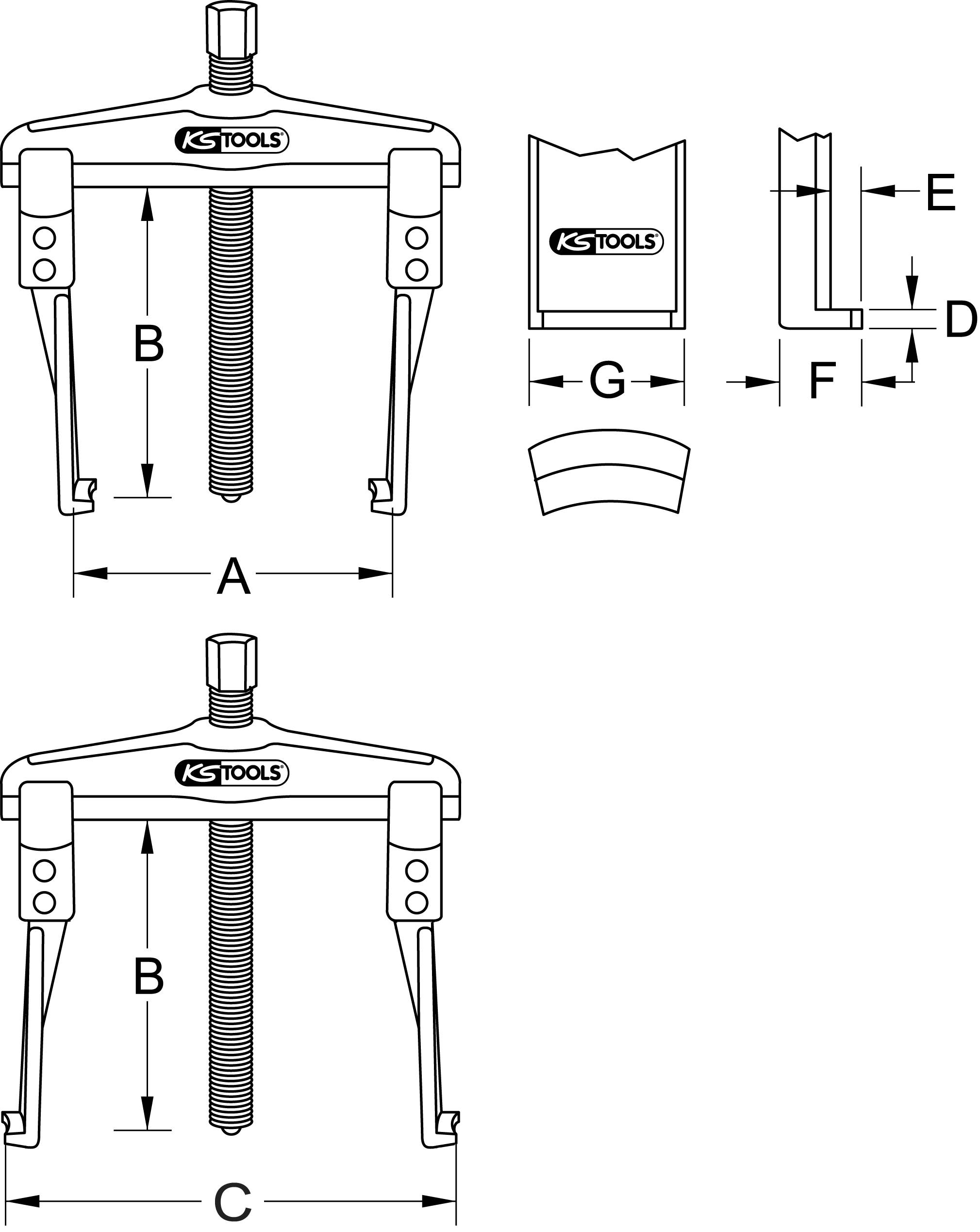 'Zwei Abzieher von KS Tools: einer mit geradem und einer mit gebogenem Arm. Maße A, B, C, D, E, F, G angegeben.'