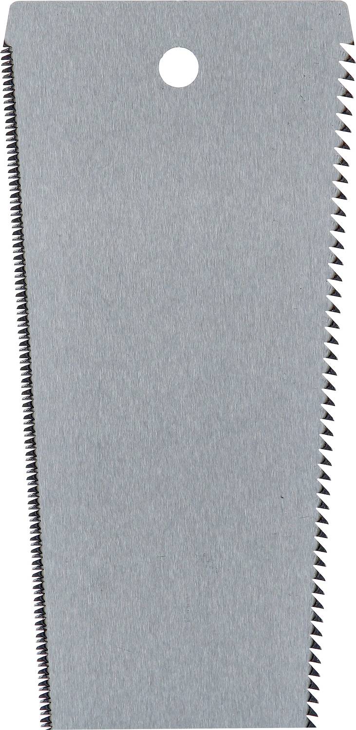 Metallsägeblatt mit feinen Zähnen und Befestigungsloch am oberen Rand.