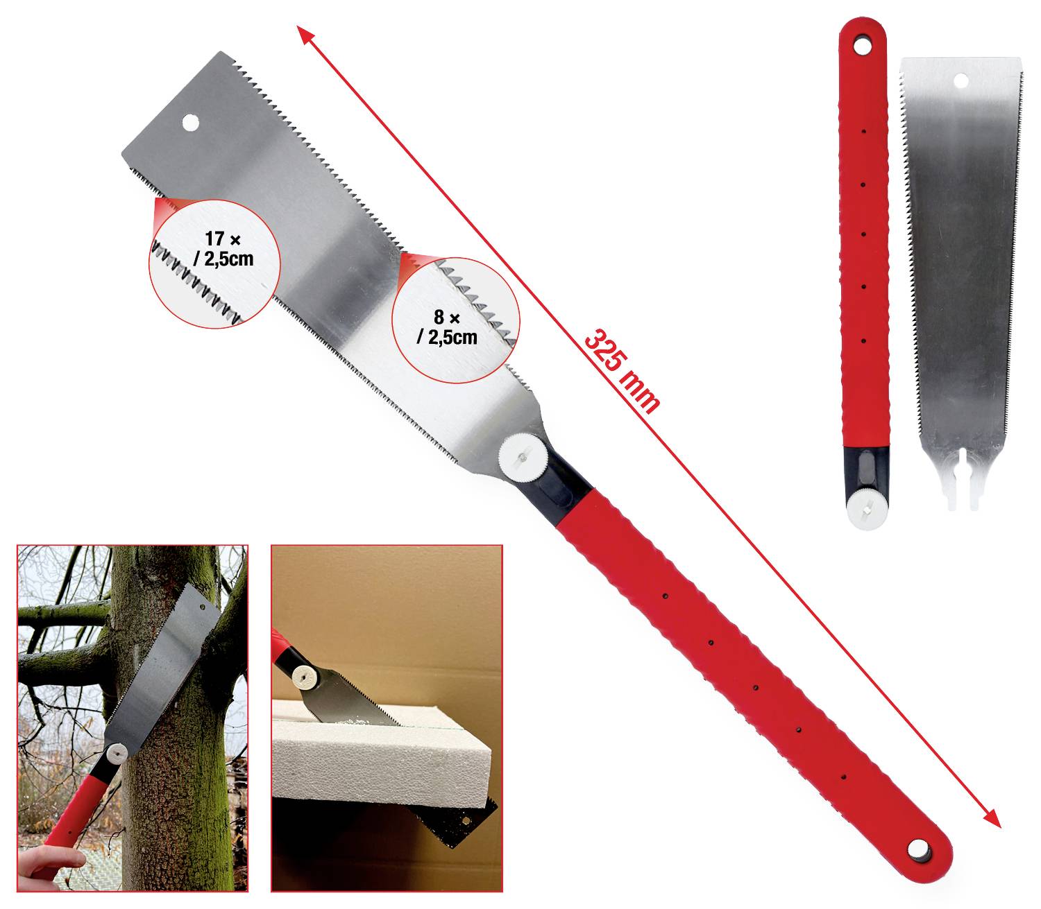 Handsägen mit rotem Griff, geeignet zum Schneiden von Holz und Styropor in gezeigten Beispielen, Längenangabe: 325 mm.