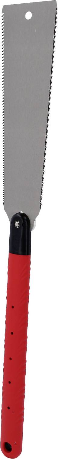 Japanische Säge mit rotem Griff und schmaler, gezackter Klinge für präzise Holzarbeiten.