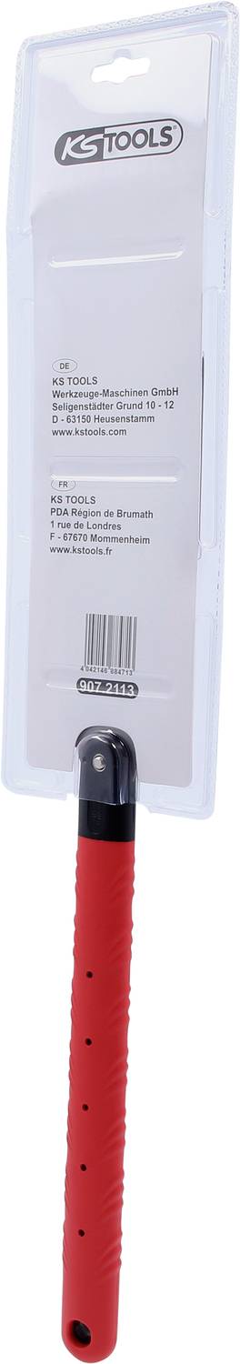 Ein Schraubendreher mit rotem Griff in einer transparenten Verpackung der Marke KS Tools, präsentiert von seitlicher Perspektive.