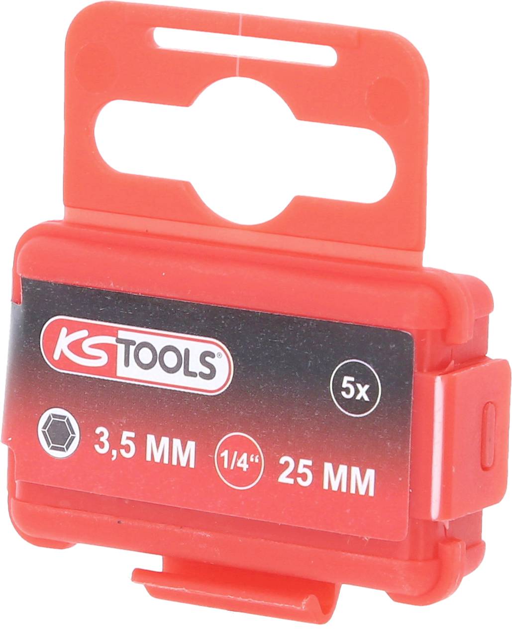 Rote Verpackung von 'KS Tools' für 5 Schraubbits, Größe 3,5 mm, 1/4 Zoll, 25 mm Länge.