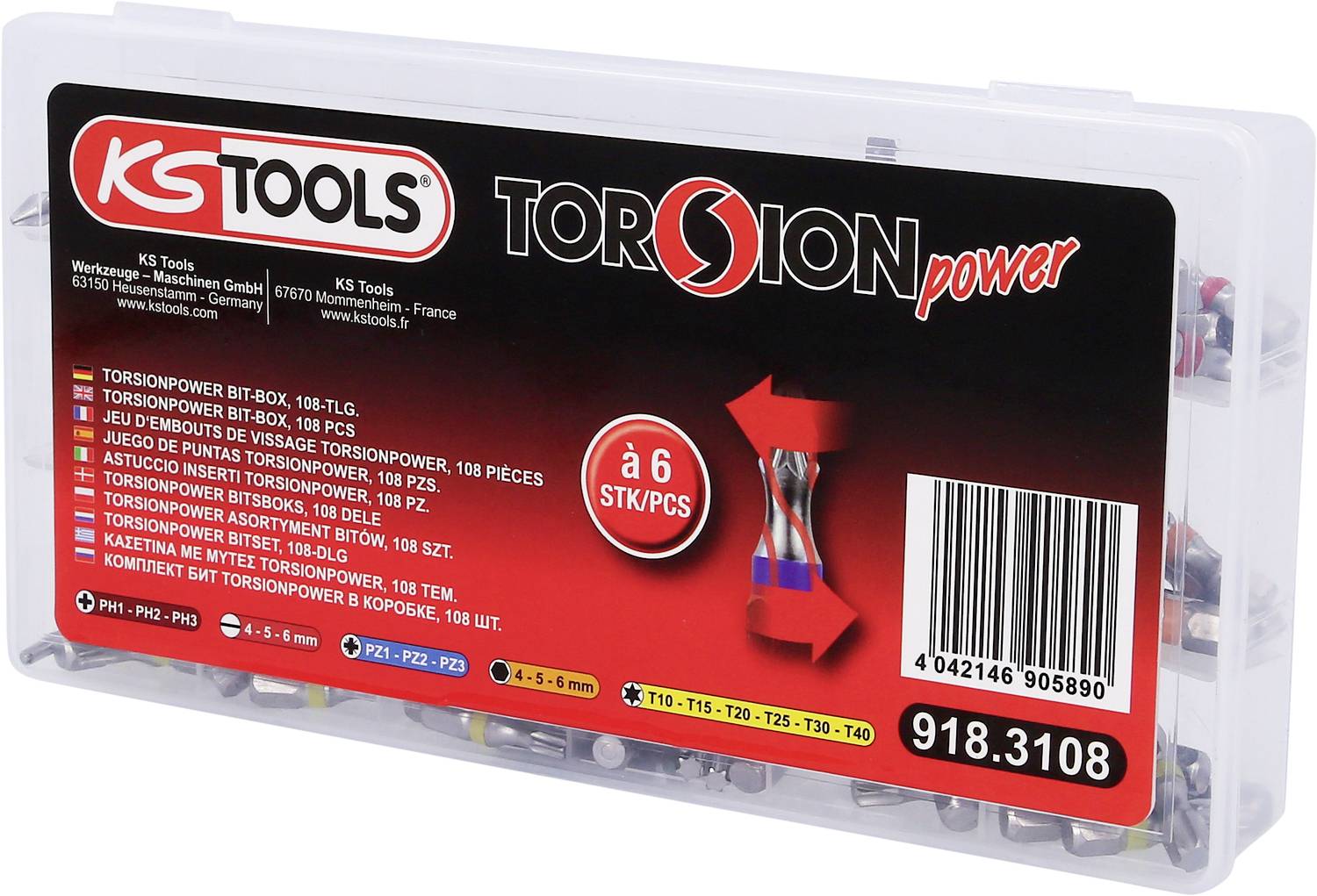 'KS Tools Torsionpower Bit-Satz, 108-tlg in Kunststoffbox. Enthält verschiedene Bits für Schraubarbeiten. Artikelnummer 918.3108.'