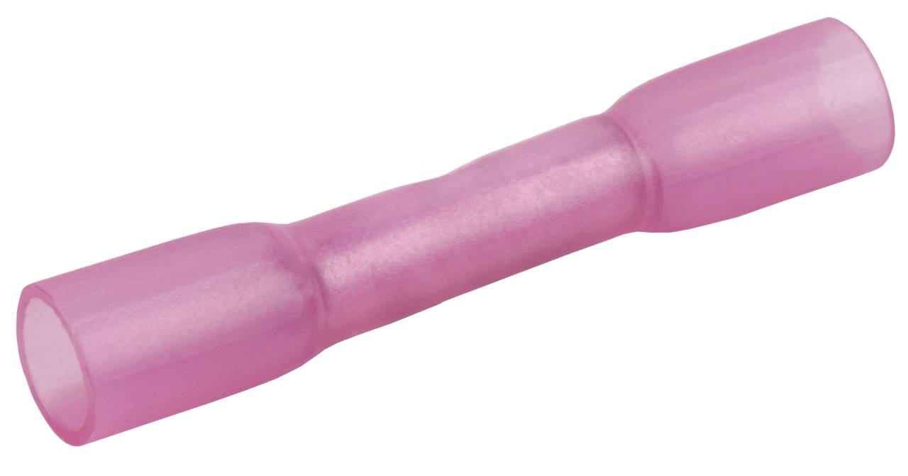 Ein pinker Schrumpfschlauchverbinder, zylindrisch geformt, für elektrische Kabelverbindungen, isolierend, mit schrumpffähigem Äußeren.
