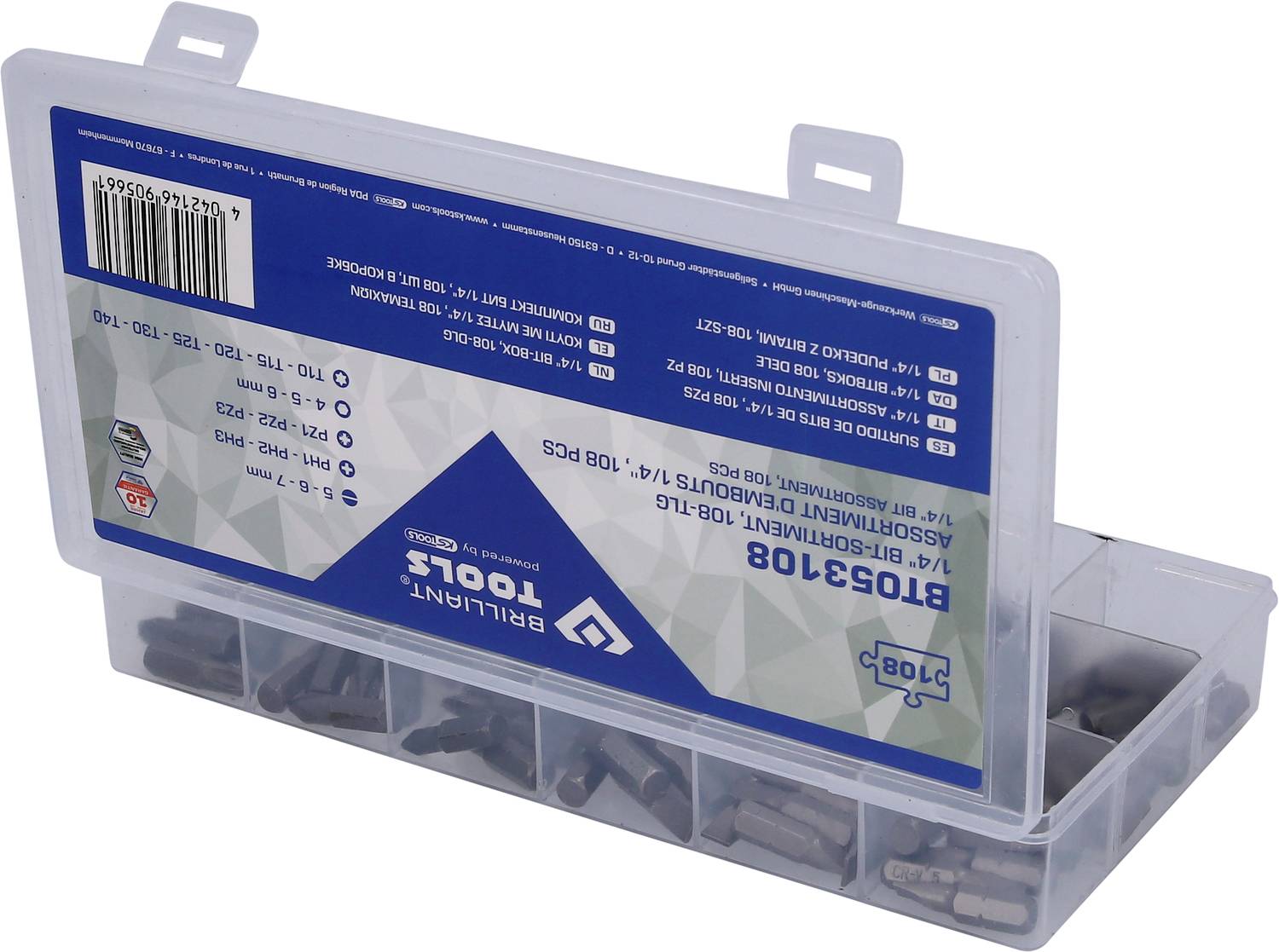 Transparente Kunststoffbox mit Maschinenbits, die teilweise sichtbar sortiert sind. Etikett mit Produktinformationen und Barcode.