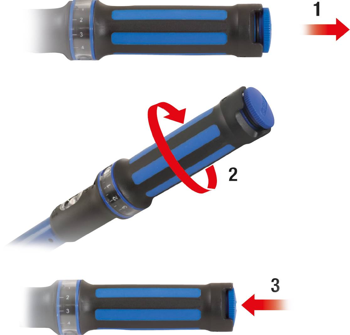 'Drei Schritte zur Nutzung des Griffs: 1. Bereitstellung, 2. Drehen des Griffs im Uhrzeigersinn, 3. Endposition.'