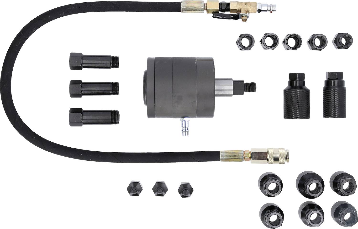 Hydraulisches Mutternsprenggerät-Set mit Schlauch, Zylinder und verschiedenen Adapteraufsätzen für das effiziente Lösen festsitzender Muttern.