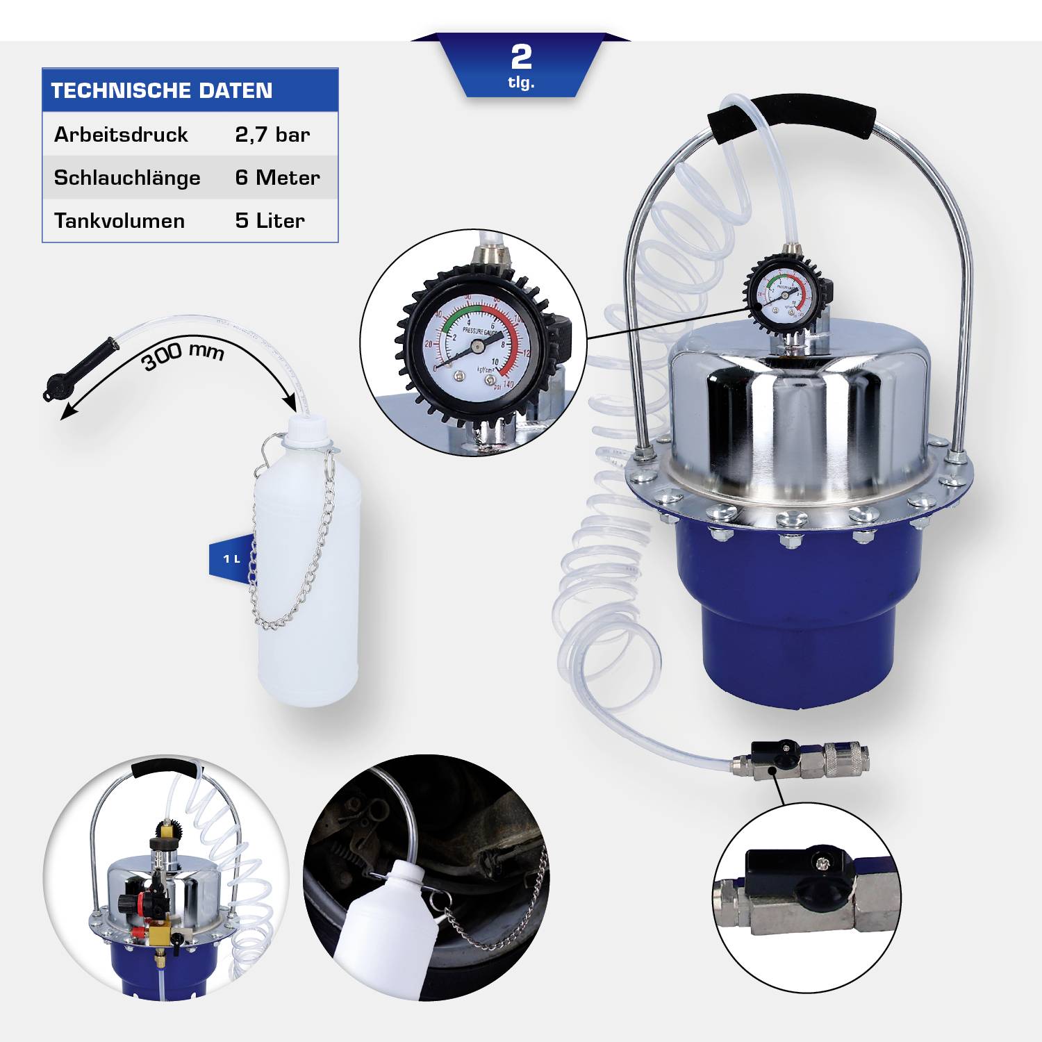 Druckluftbefüller mit Manometer und Schlauch, Arbeitsdruck 2,7 bar, Schlauchlänge 6 m, Tankvolumen 5 Liter. Enthält Zubehör.