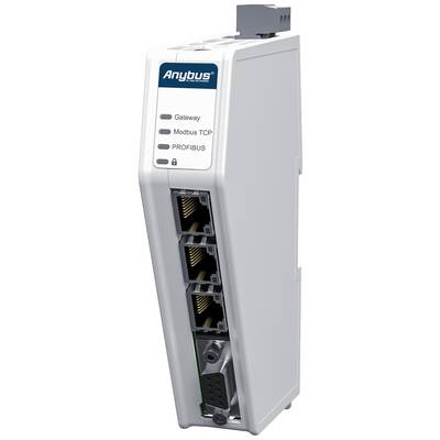 Ein weißes Anybus-Kommunikationsgerät mit drei Ethernet-Ports. Beschriftung: 'Gateway', 'Modbus TCP', 'PROFIBUS'.