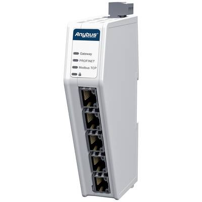 Industriegerät mit sechs Ethernet-Ports. Beschriftet: 'Anybus Gateway, PROFINET, Modbus TCP'. Netzwerkmodul in Grau.