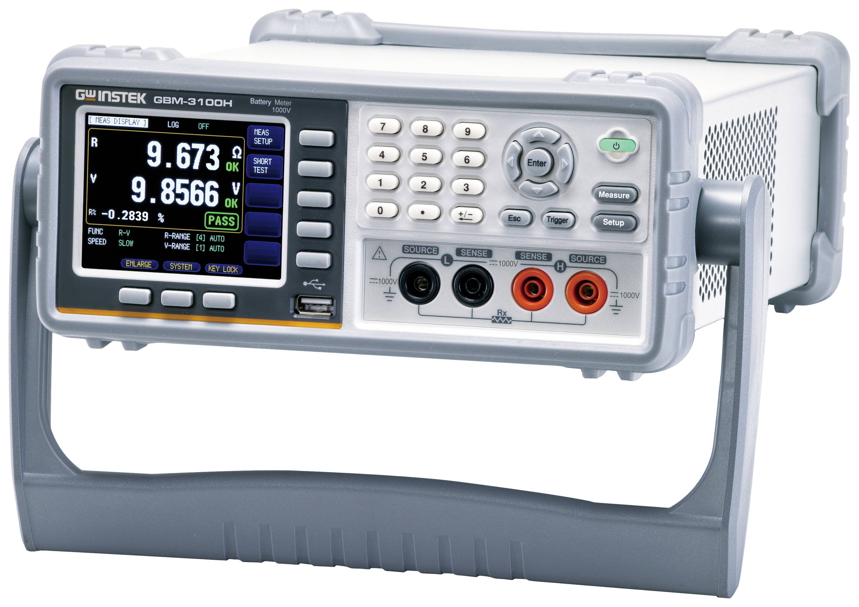 Ein digitales Multimeter zur Messung elektrischer Größen mit Display, Tastenfeld und Messanschlüssen, zeigt Werte für Spannung und Widerstand.