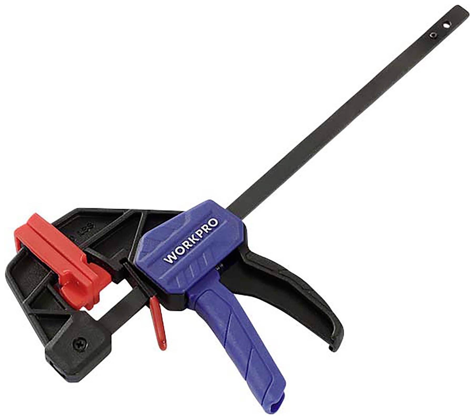 Eine blaue und rote Einhandzwinge mit der Aufschrift 'WORKPRO' auf dem Griff, zur Verwendung in Werkstätten oder bei Heimprojekten.