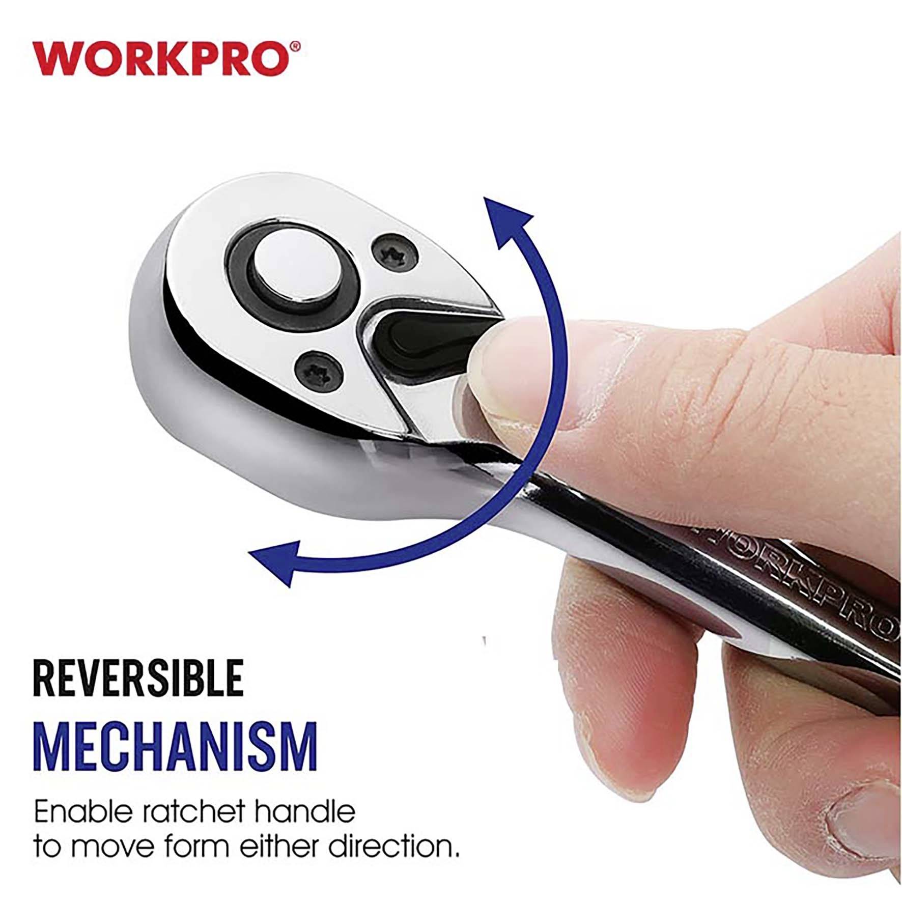 Eine Hand hält einen umkehrbaren Ratschenschlüssel. Text: 'WORKPRO', 'Reversible Mechanism', um den Richtungswechsel zu ermöglichen.