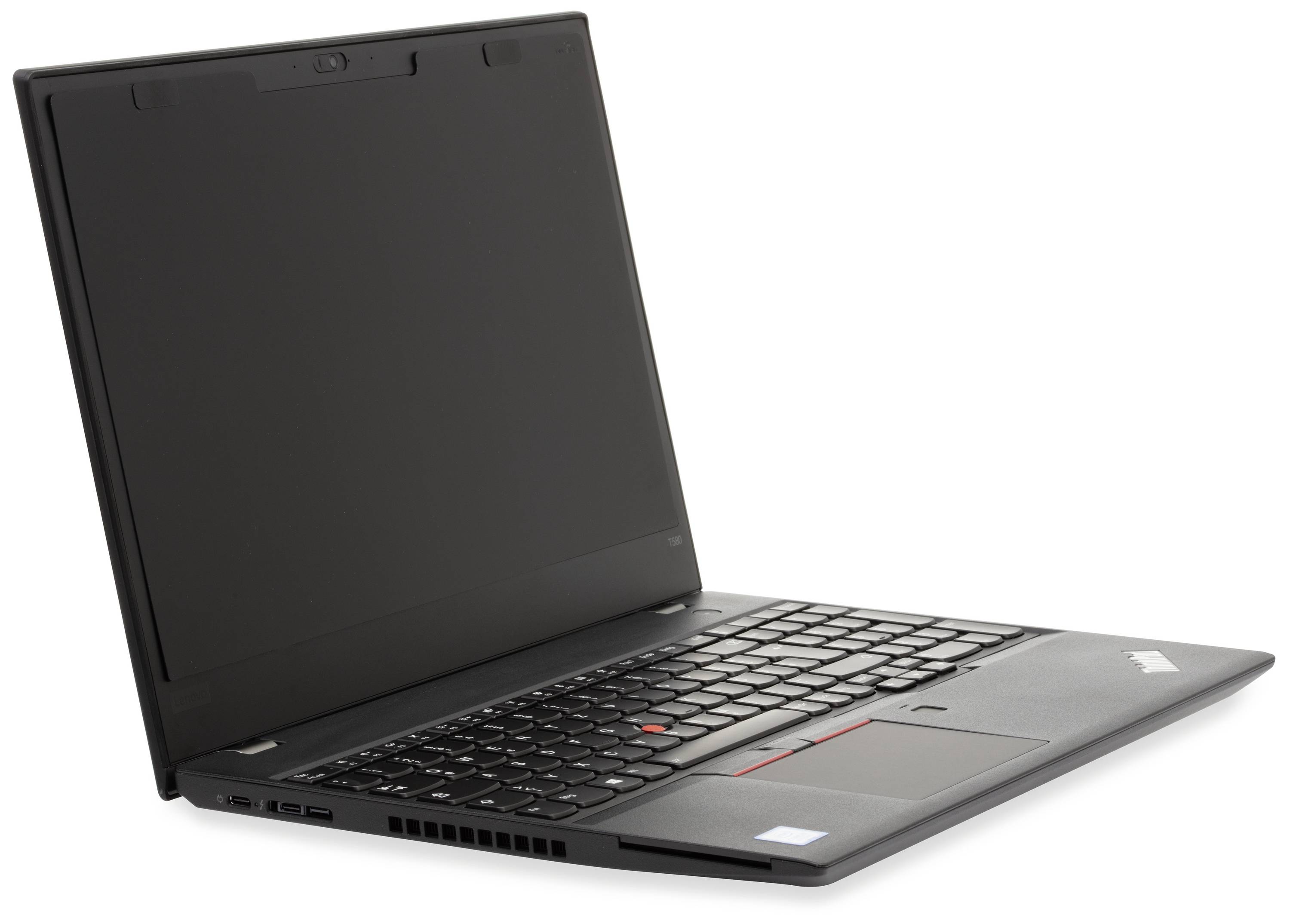 Ein Laptop mit schwarzem Gehäuse, geöffnet mit Blick auf die Tastatur.