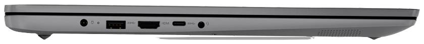 'Dünnes, geschlossenes Laptop von der Seite, mit mehreren Anschlüssen: Strom, USB und HDMI, erkennbar, grau gefärbt.'