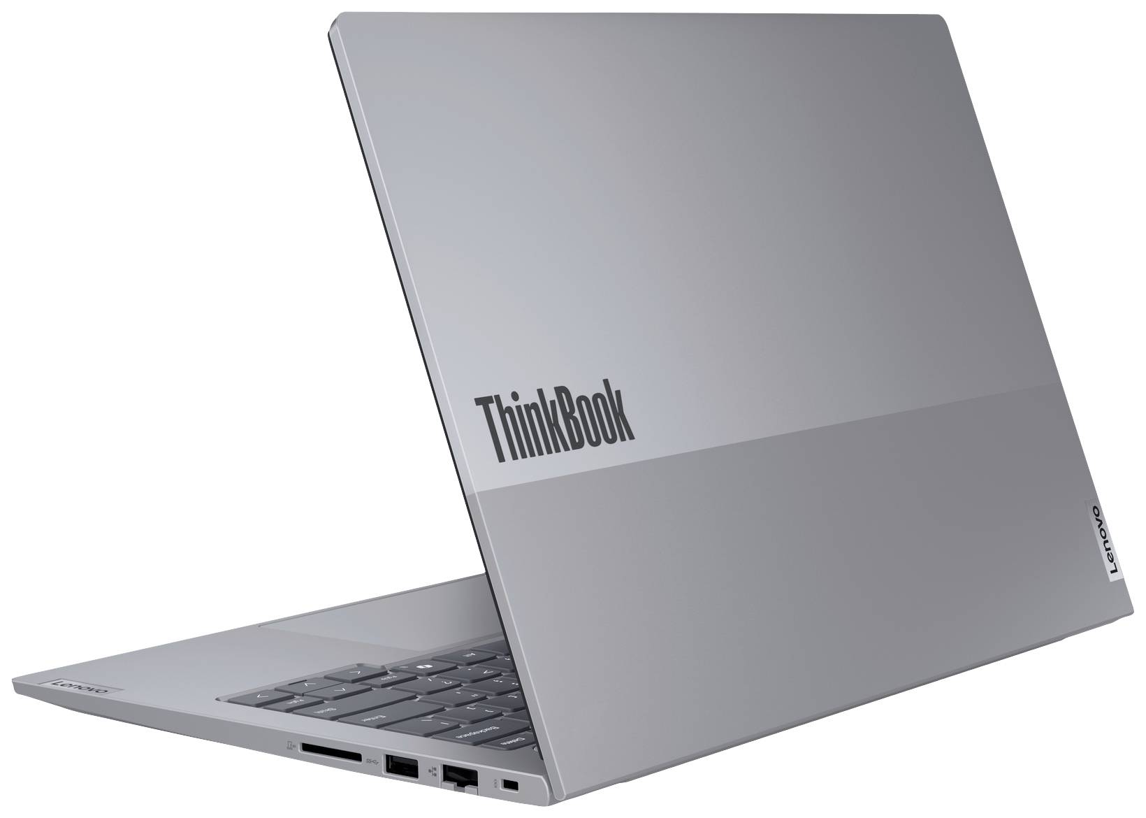 Ein silbernes Laptop mit dem Logo 'ThinkBook' auf dem Deckel. Es ist teilweise geöffnet und zeigt einige Anschlüsse an der Seite.