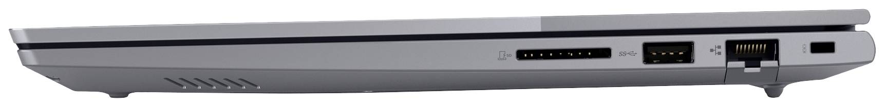 'Dünner Laptop von der Seite mit Anschlüssen: USB, Ethernet und HDMI. Graues Gehäuse, geeignet für kompakte Arbeitsumgebung.'