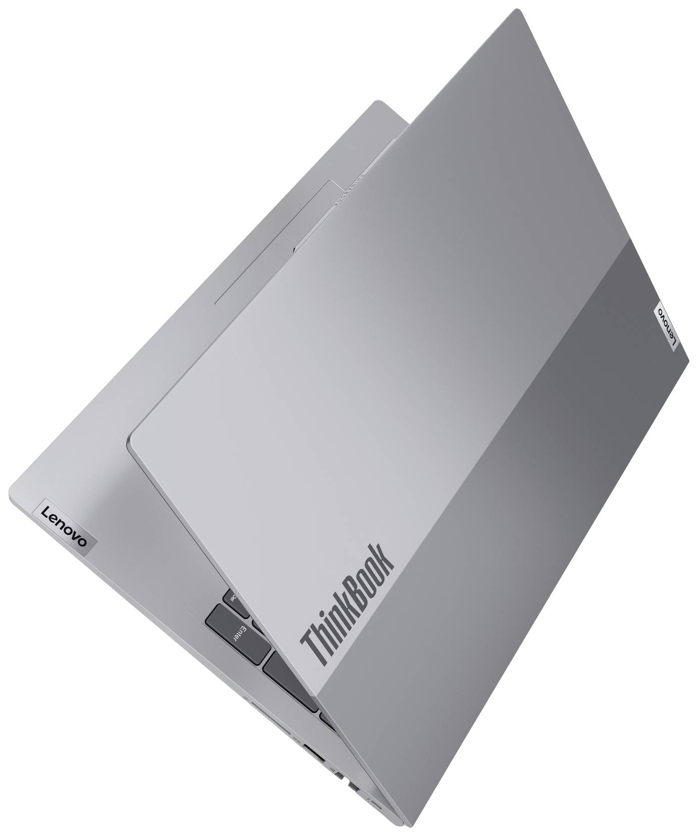 Silberner Laptop von oben, leicht geöffnet, mit dem Logo 'ThinkBook' auf dem Deckel.