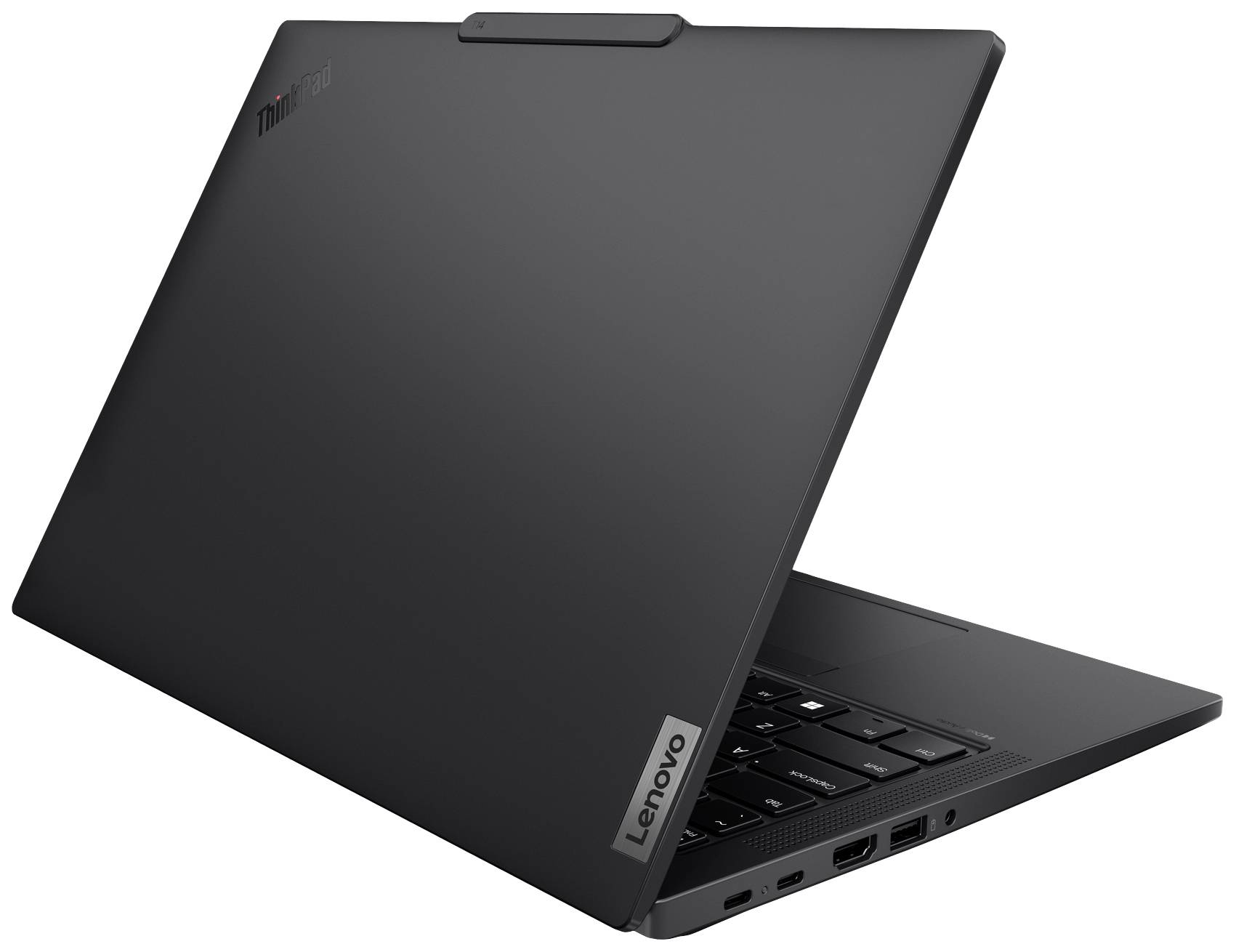 Ein aufgeklapptes, schwarzes Lenovo-Laptop mit sichtbarem Markenlogo und Anschlüssen an der Seite.