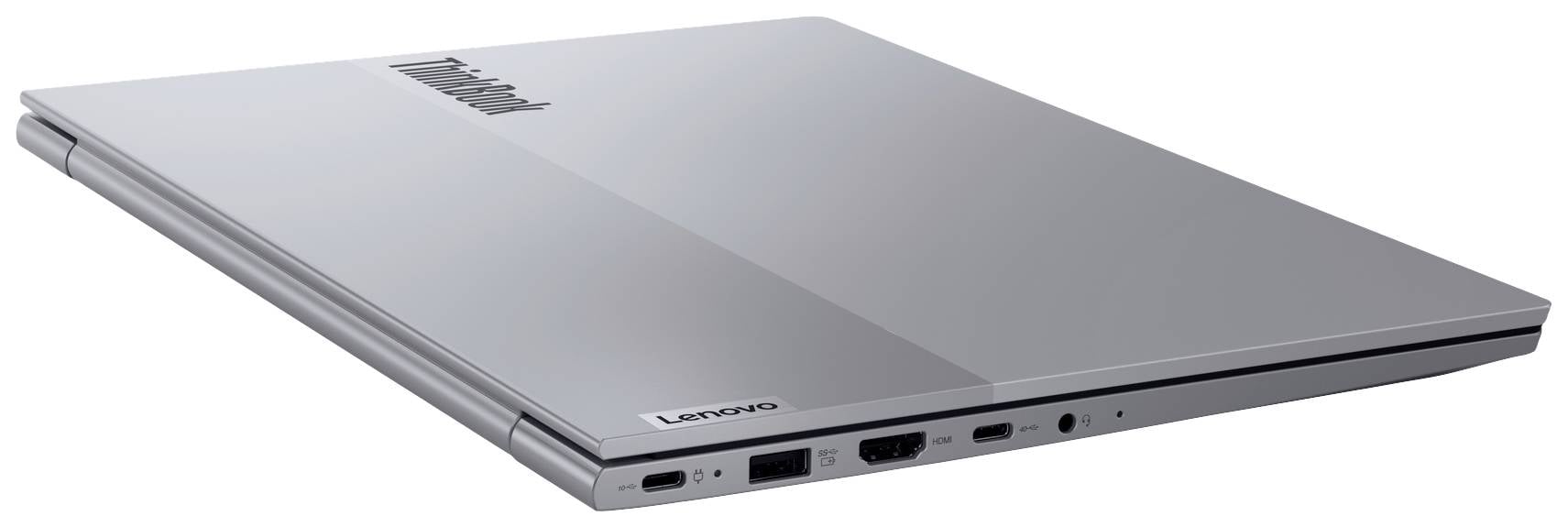 Ein silberner Laptop in seitlicher Ansicht mit USB- und HDMI-Anschlüssen auf der rechten Seite.