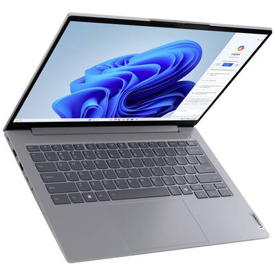 Ein geöffneter Laptop mit anthraziter Tastatur, zeigt ein modernes Betriebssystem auf dem Bildschirm mit blauer Hintergrundgrafik.