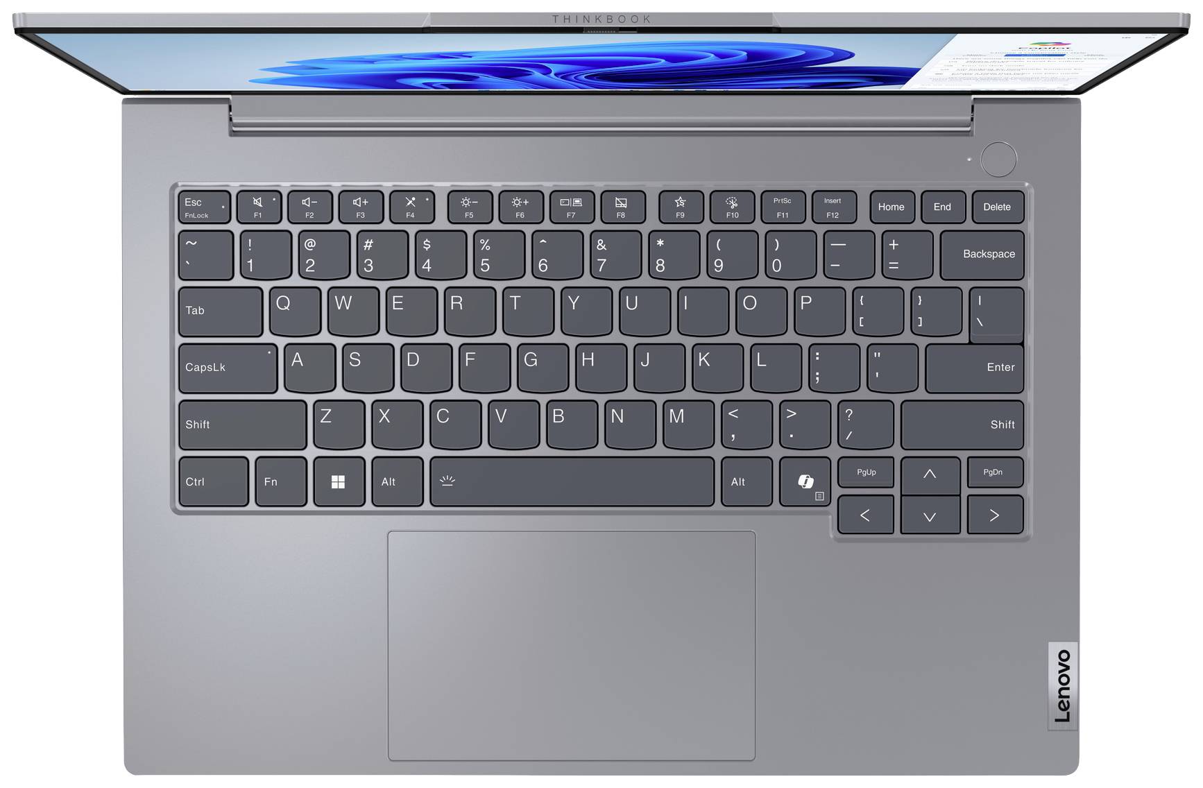 Lenovo-Laptop mit geöffneter Tastaturansicht, QWERTY-Layout, graues Gehäuse. Bildschirm zeigt Windows-Oberfläche.