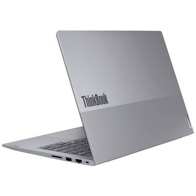 Ein silberfarbenes Laptop mit der Aufschrift 'ThinkBook' an der Rückseite. Es ist schlank und modern gestaltet.
