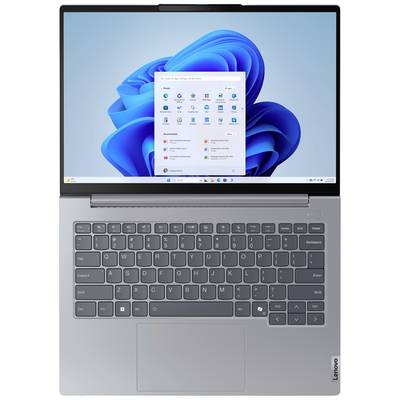Ein Laptop mit grauem Gehäuse und Windows-Startbildschirm. Die Tastatur ist gut sichtbar.