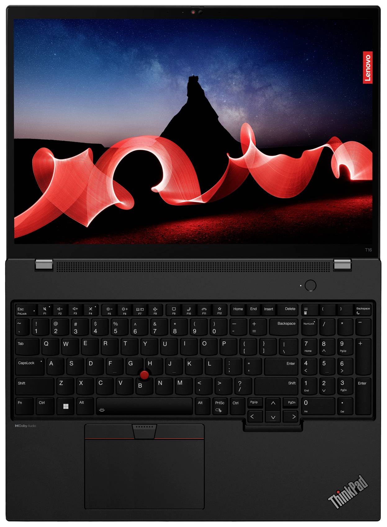 Schwarzer Laptop mit einem farbenfrohen Bildschirmhintergrund, zeigt rote Lichtspuren vor einer Bergsilhouette.