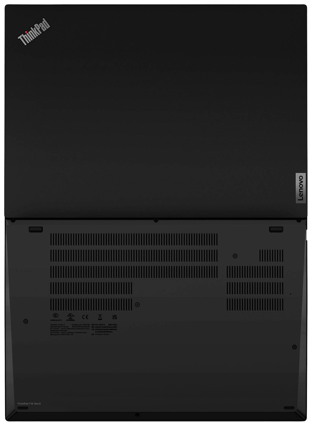 Ein geschlossener Laptop von oben, zeigt den schwarzen Deckel und das Lenovo-Logo in der Ecke.