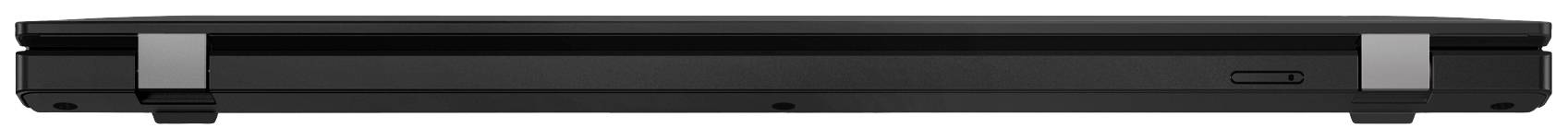 Ein geschlossener schwarzer Laptop von der Seite, zeigt den Deckel und Scharniere. Keine Bildschirmanzeige sichtbar.
