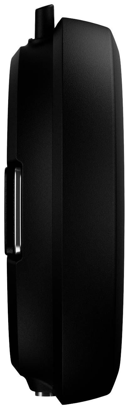 Schwarzes, längliches, rechteckiges Gerät seitlich betrachtet.