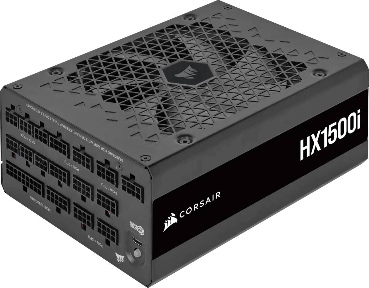 Abgebildet ist ein Corsair HX1500i Netzteil in Schwarz mit einem ventilierten Gehäuse und mehreren Anschlüssen auf der Vorderseite.