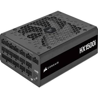 Abgebildet ist ein Corsair HX1500i Netzteil in Schwarz mit einem ventilierten Gehäuse und mehreren Anschlüssen auf der Vorderseite.