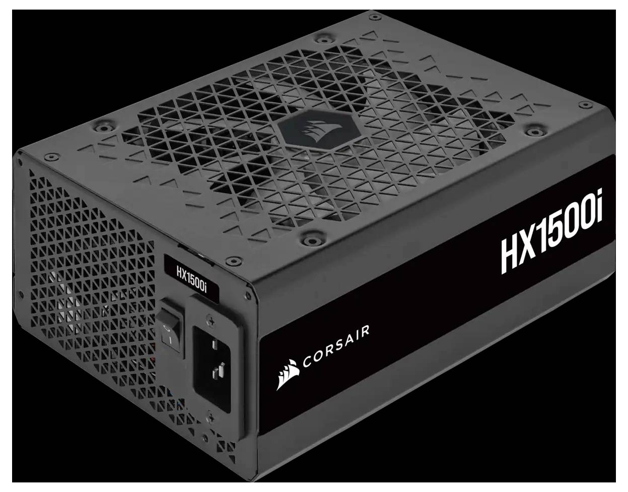 Stromversorgungseinheit 'Corsair HX1500i' mit schwarzem Gehäuse und Kühlgitter für Computer.