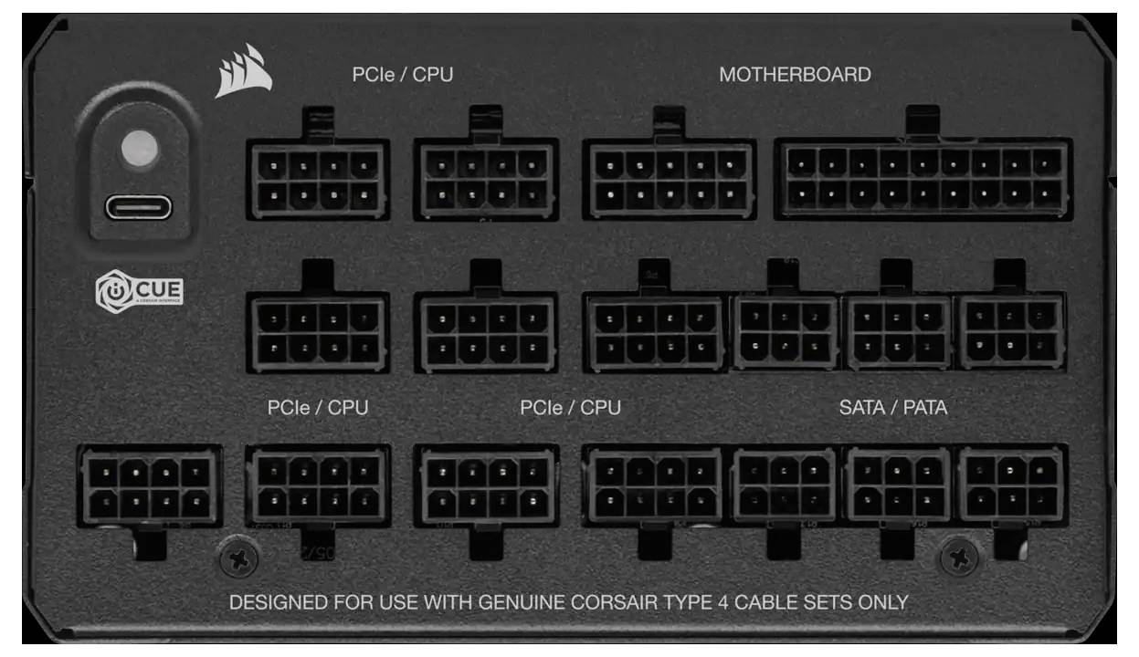 Anschlüsse eines Computer-Netzteils von Corsair, mit Beschriftungen für PCIe/CPU, Motherboard und SATA/PATA, sowie USB-C-Port.