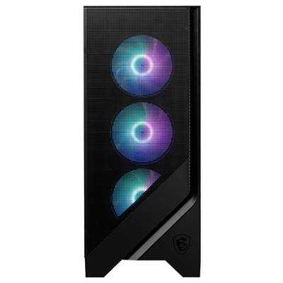 Ein schwarzes Computergehäuse mit drei leuchtenden, mehrfarbigen Lüftern an der Vorderseite, vertikal angeordnet.