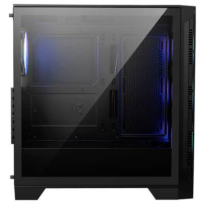 Schwarzes PC-Gehäuse mit transparentem Seitenteil, zeigt Innenraum ohne Komponenten, blau beleuchtet, geeignet für PC-Bau.