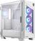 Ein weißes PC-Gehäuse mit Glasfenster, zeigt vier eingebaute Lüfter mit RGB-Beleuchtung; modern und stilvoll.