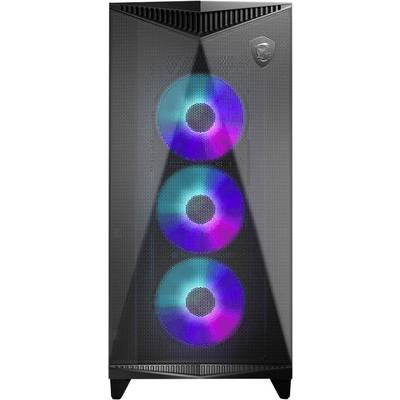 Schwarzes Computergehäuse mit drei leuchtenden RGB-Lüftern an der Vorderseite.