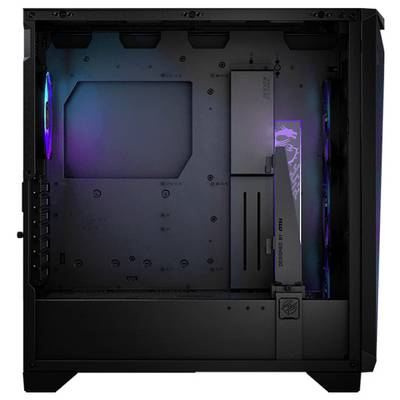 Schwarz-grauer Computergehäuse-Innenraum mit RGB-Beleuchtung auf einem Lüfter und einem vertikalen Kühlkörper, ohne Komponenten.