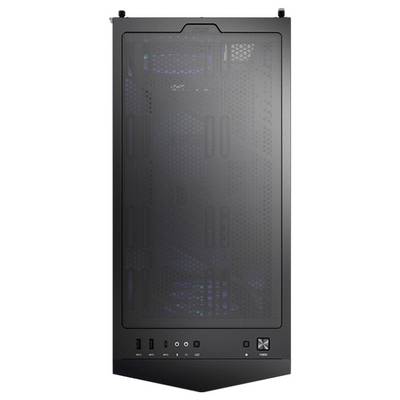 Schwarzes Computergehäuse von oben, mit Gitterdesign und sichtbaren Anschlüssen wie USB und Audio an der Vorderseite.