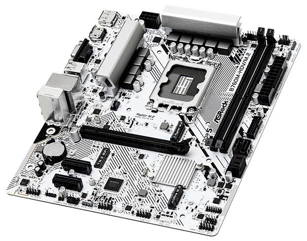 Ein weißes Motherboard mit mehreren Anschlüssen, Steckplätzen und Chips. Es ist für den Aufbau eines Computersystems vorgesehen.