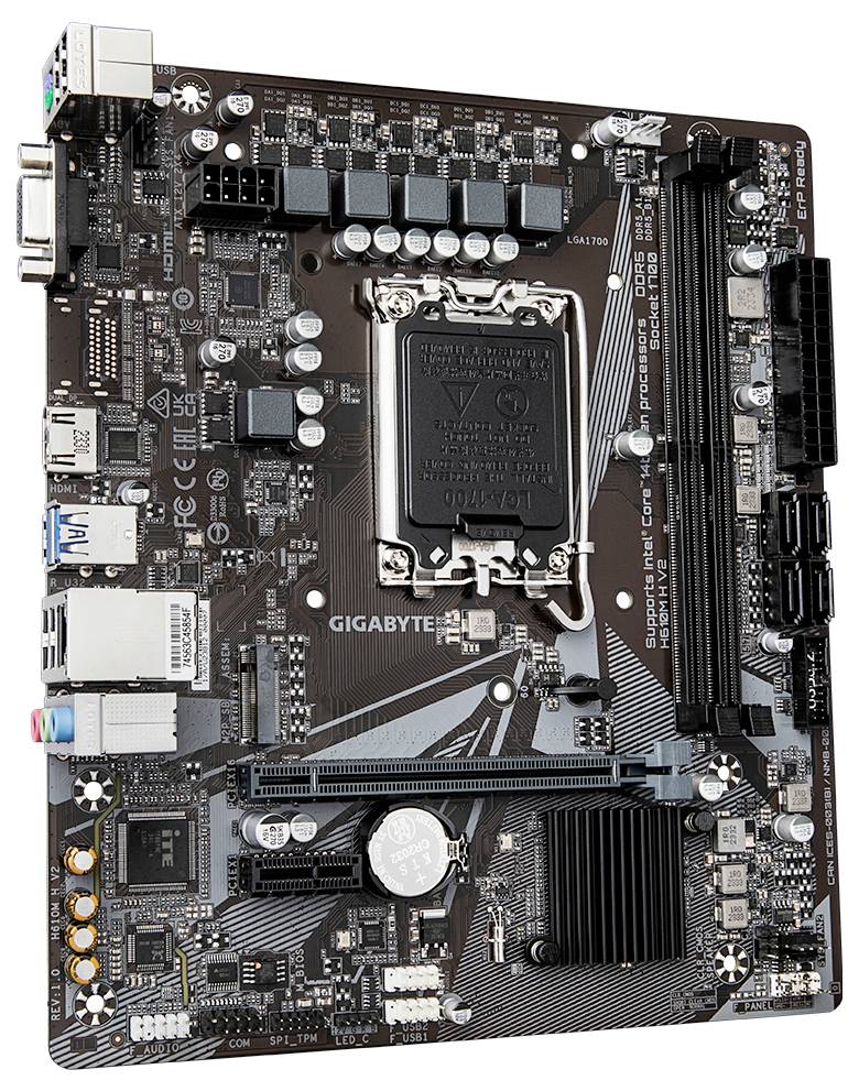 Eine schwarze Computer-Mainboard-Platine mit verschiedenen Anschlüssen, Schaltkreisen und einem CPU-Sockel in der Mitte.