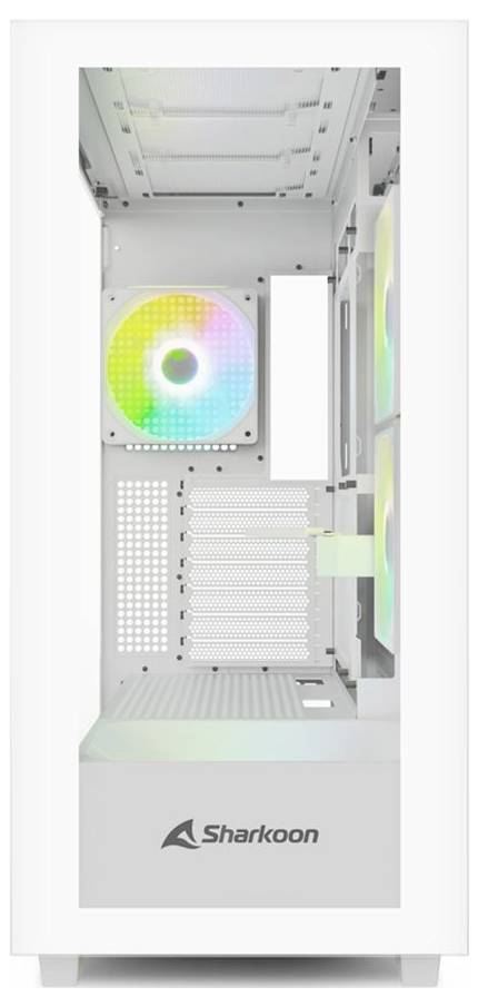 Weißes PC-Gehäuse von Sharkoon mit mehreren bunten RGB-Lüftern, offene Seitenansicht zeigt Platz für Hardware-Installation.