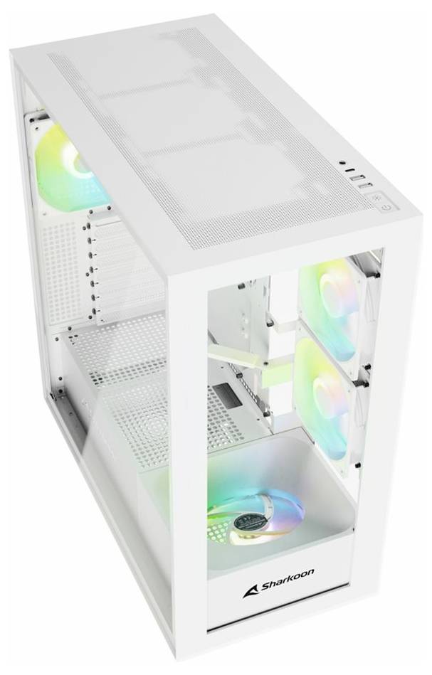 Weißes Computergehäuse von Sharkoon mit integrierter bunter LED-Beleuchtung und transparenten Seitenteilen.